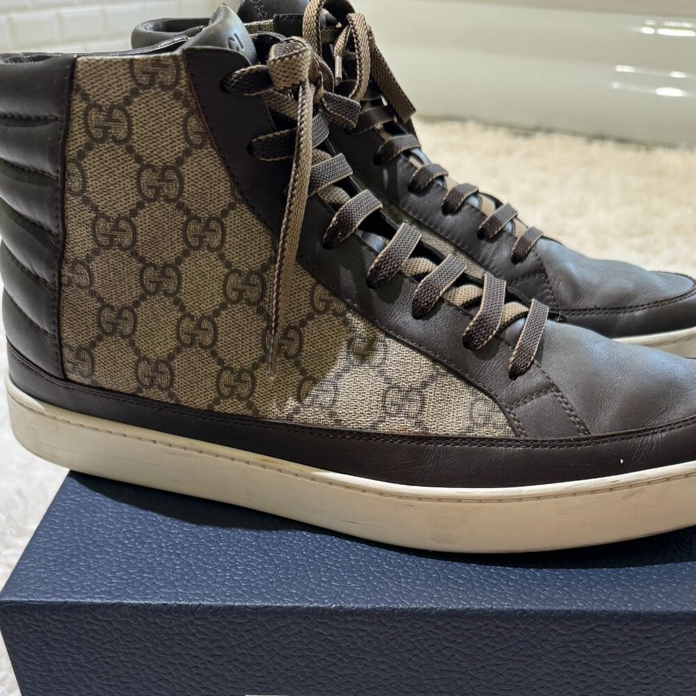 Gucci Brown Leather Canvas Logo Men's GG High Top Sneaker, Size 11 by Gucci